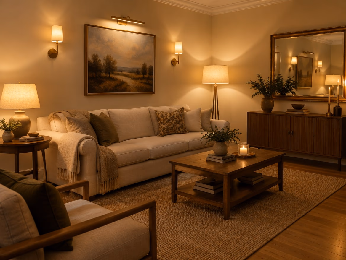 Layered warm lamps at different heights and a mirror that spreads the light.