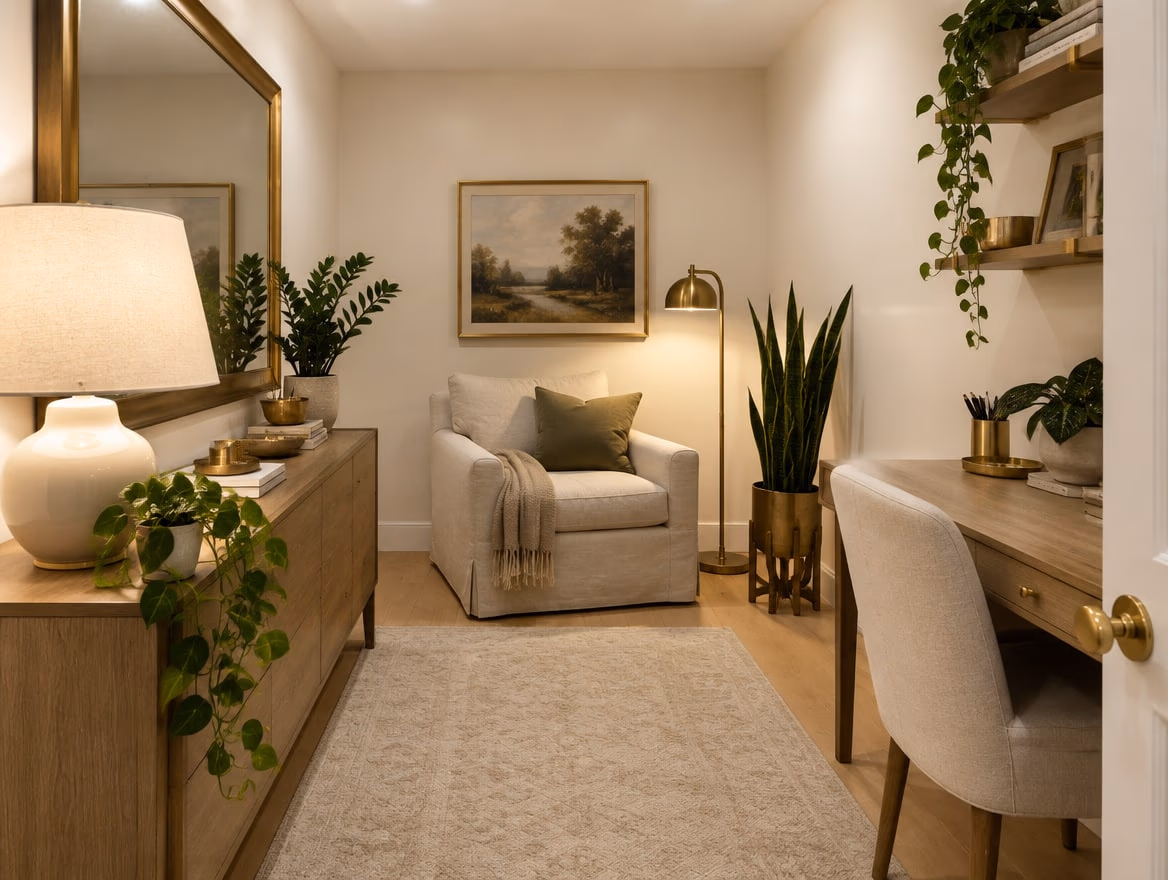 Warm white walls, pale oak and reflective brass and ceramic make a windowless room feel bright.