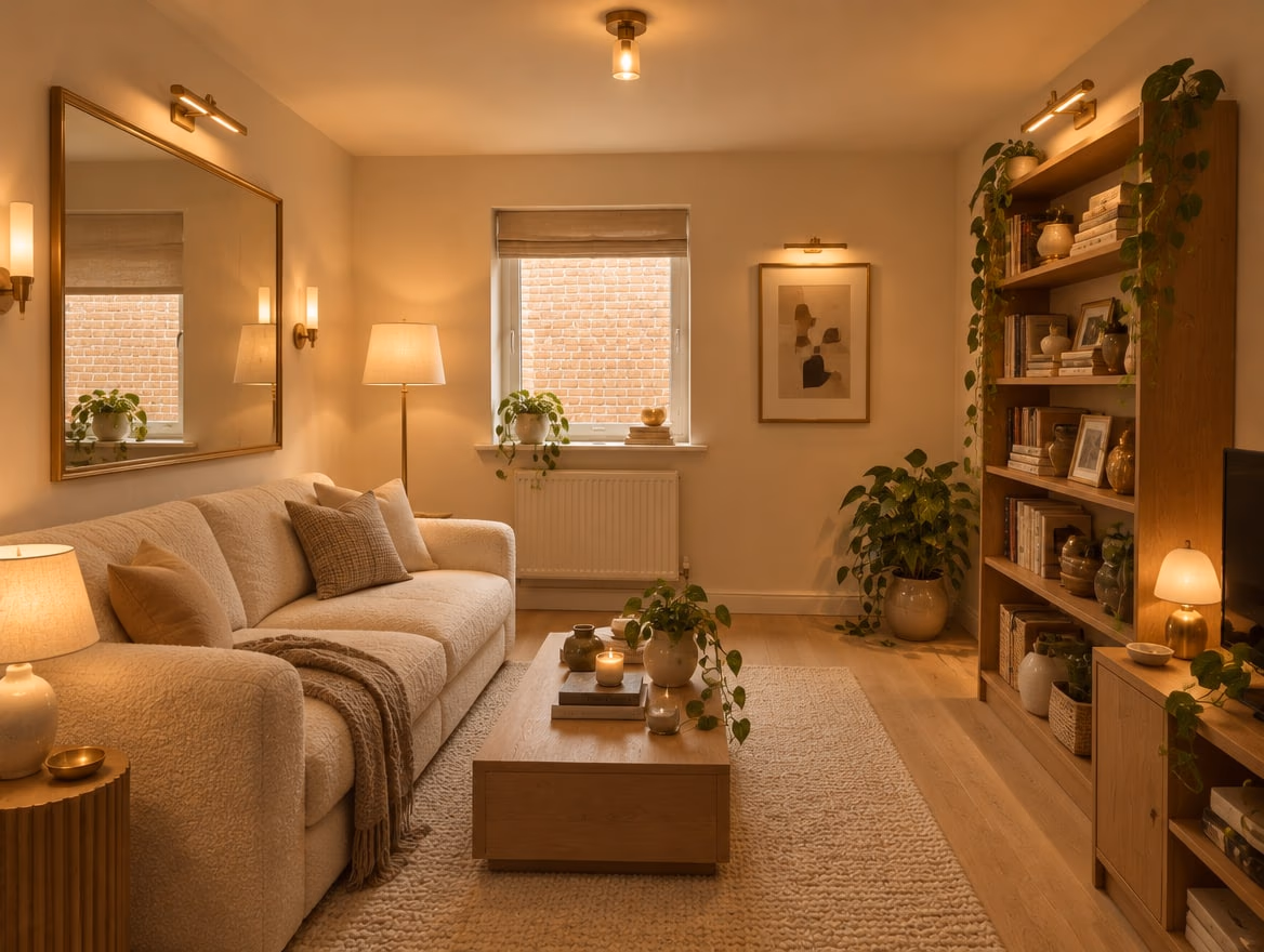 The same room redesigned with warm white walls, a cream sofa, a large mirror and layered warm lamps