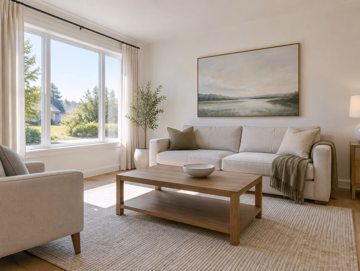 A staged living room: neutral sofa, one throw, open curtains and clear surfaces.