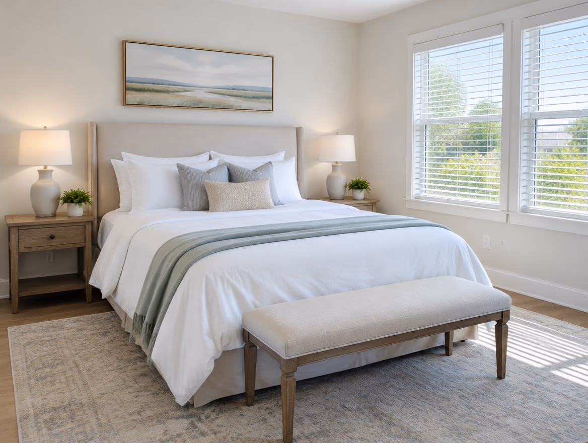 A staged bedroom: white bedding, matching lamps and nothing on the nightstands.