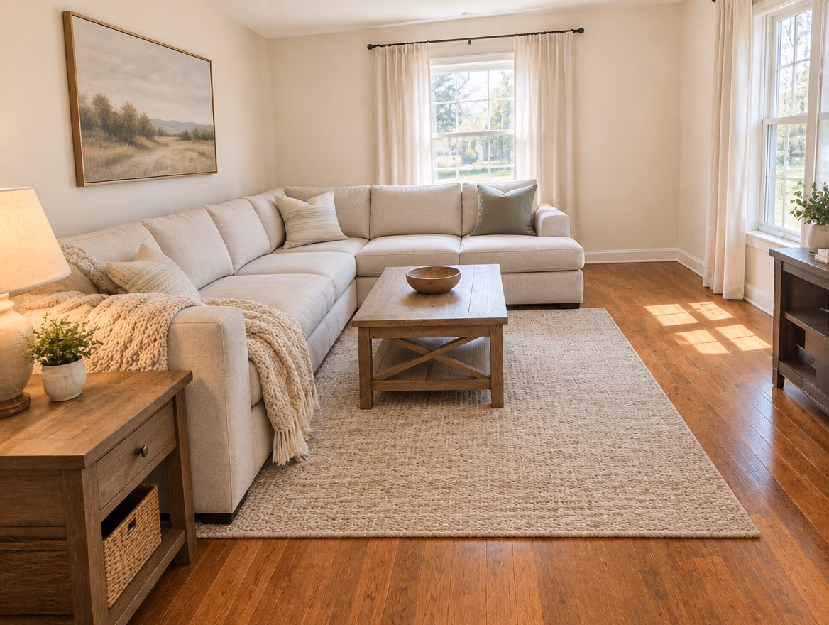 The same living room staged for sale with a neutral sofa, one artwork, open curtains and clear surfaces