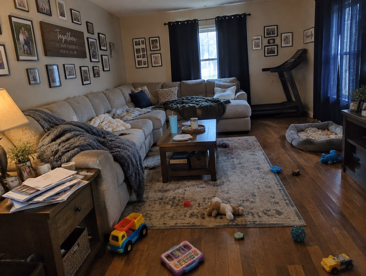 A cluttered family living room with toys, family photos, a treadmill and dark curtains