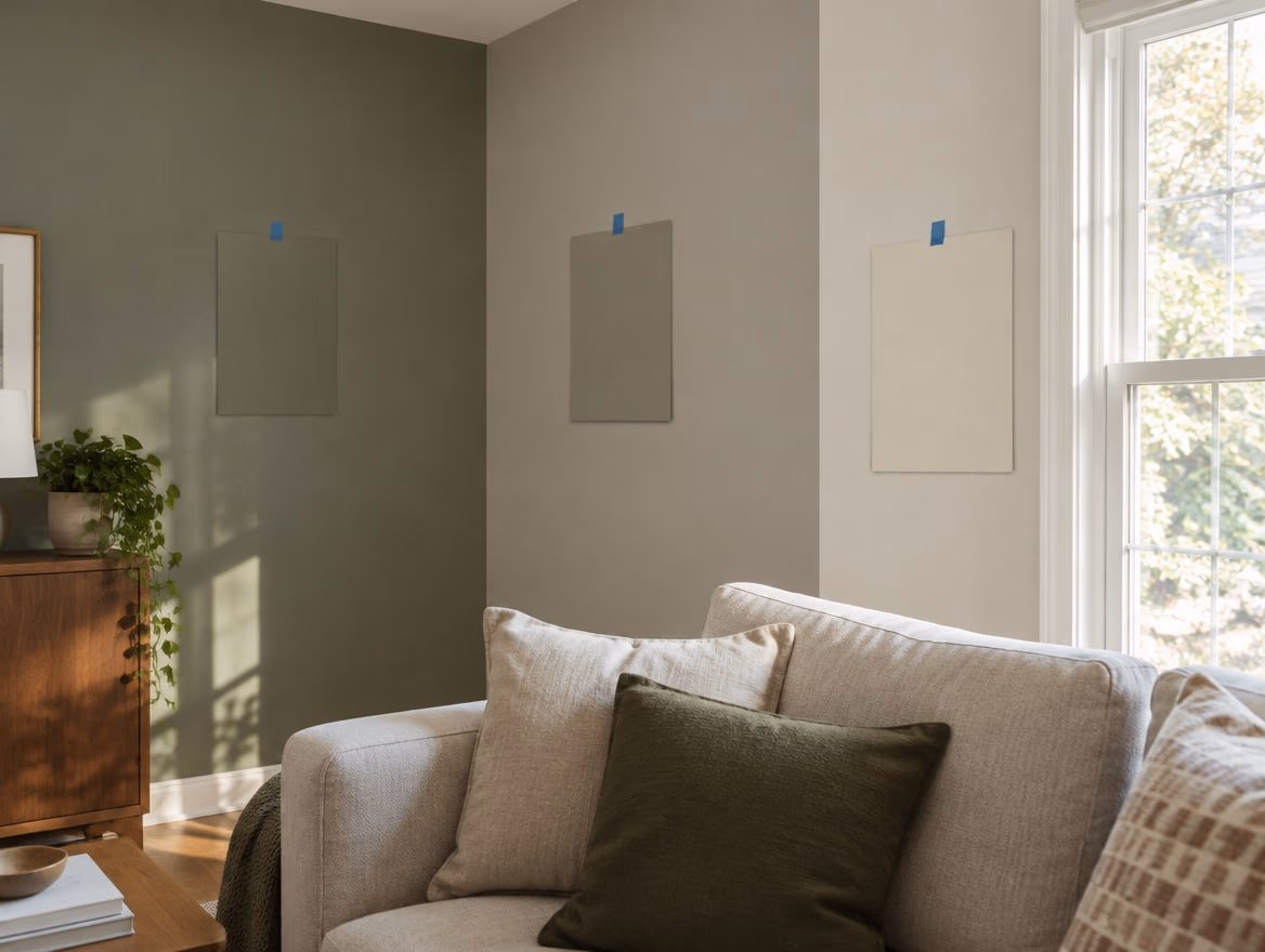 Large sample boards on different walls show how the light changes the color.