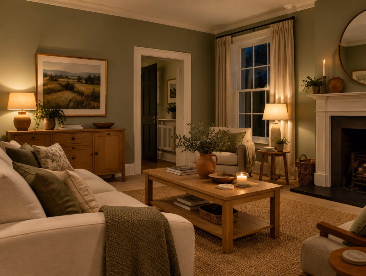 Sage green in evening lamp light. Always check a color at night too.