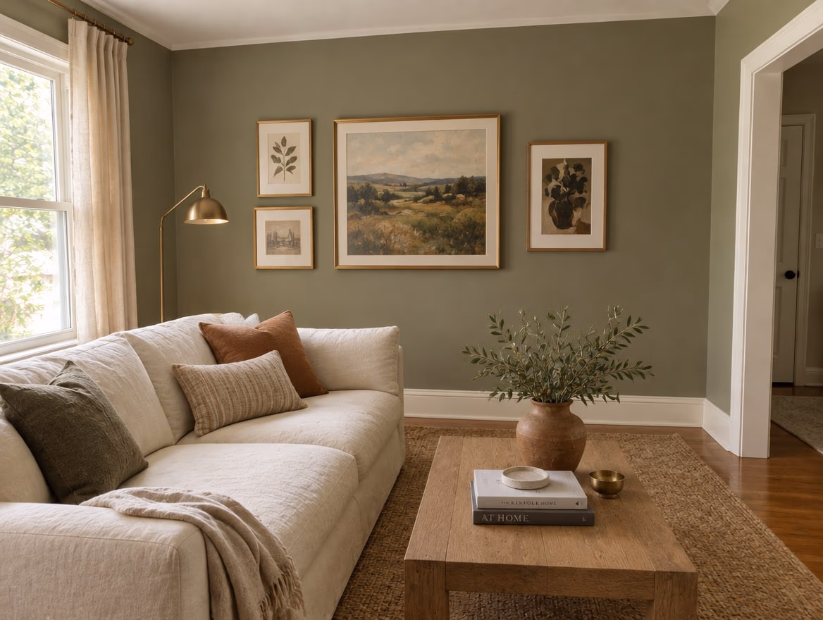 The same living room painted warm sage green with white trim and fully furnished