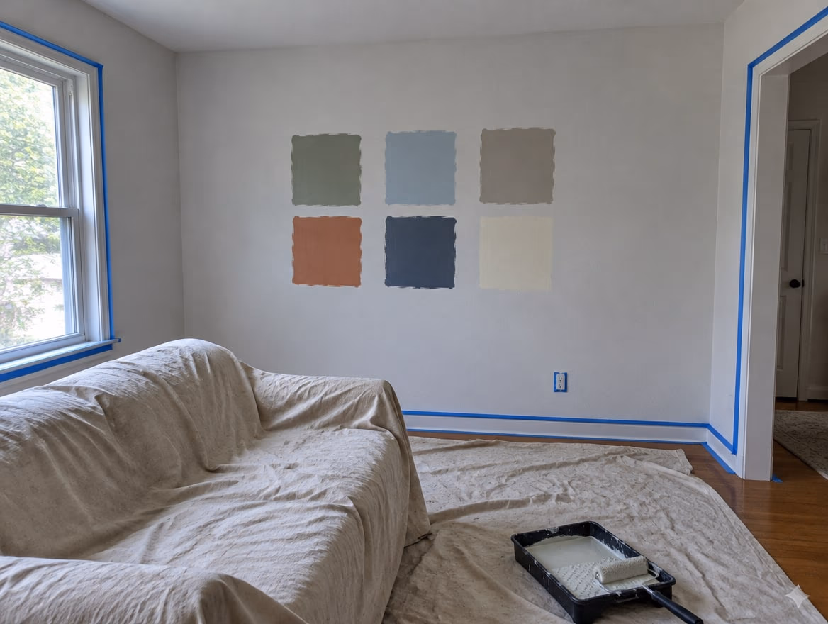 A plain living room with paint swatches on the wall, painter’s tape and a sofa under a drop cloth
