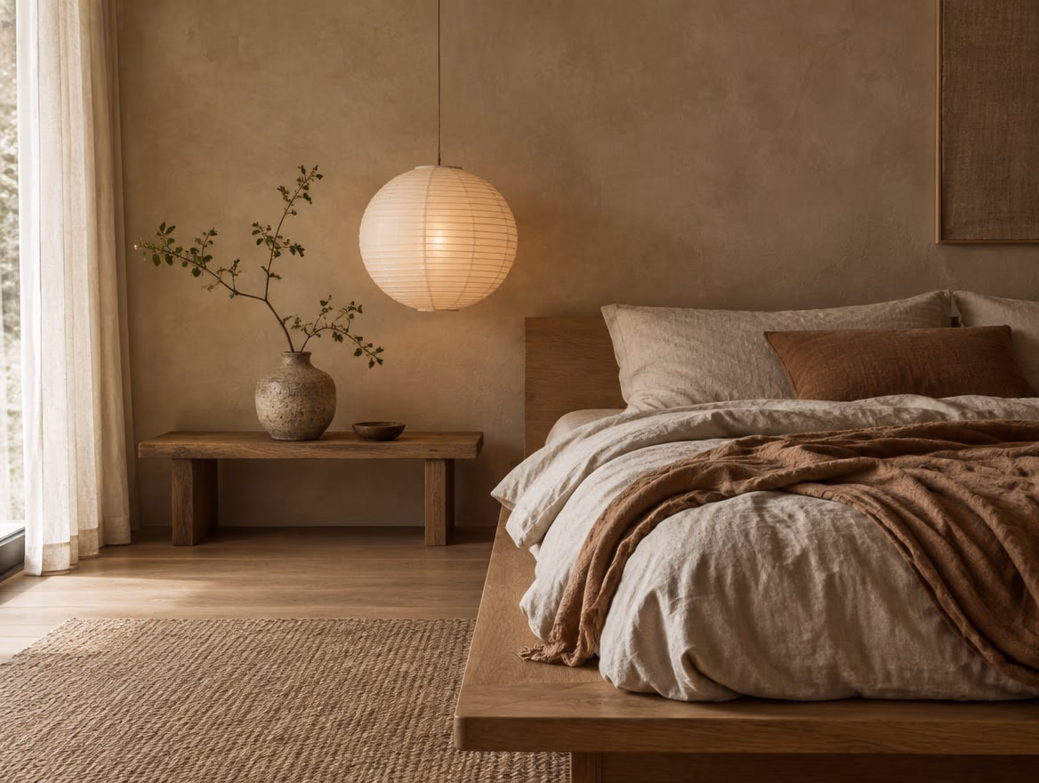 A low oak bed, linen bedding in clay tones and a paper lamp hung low.