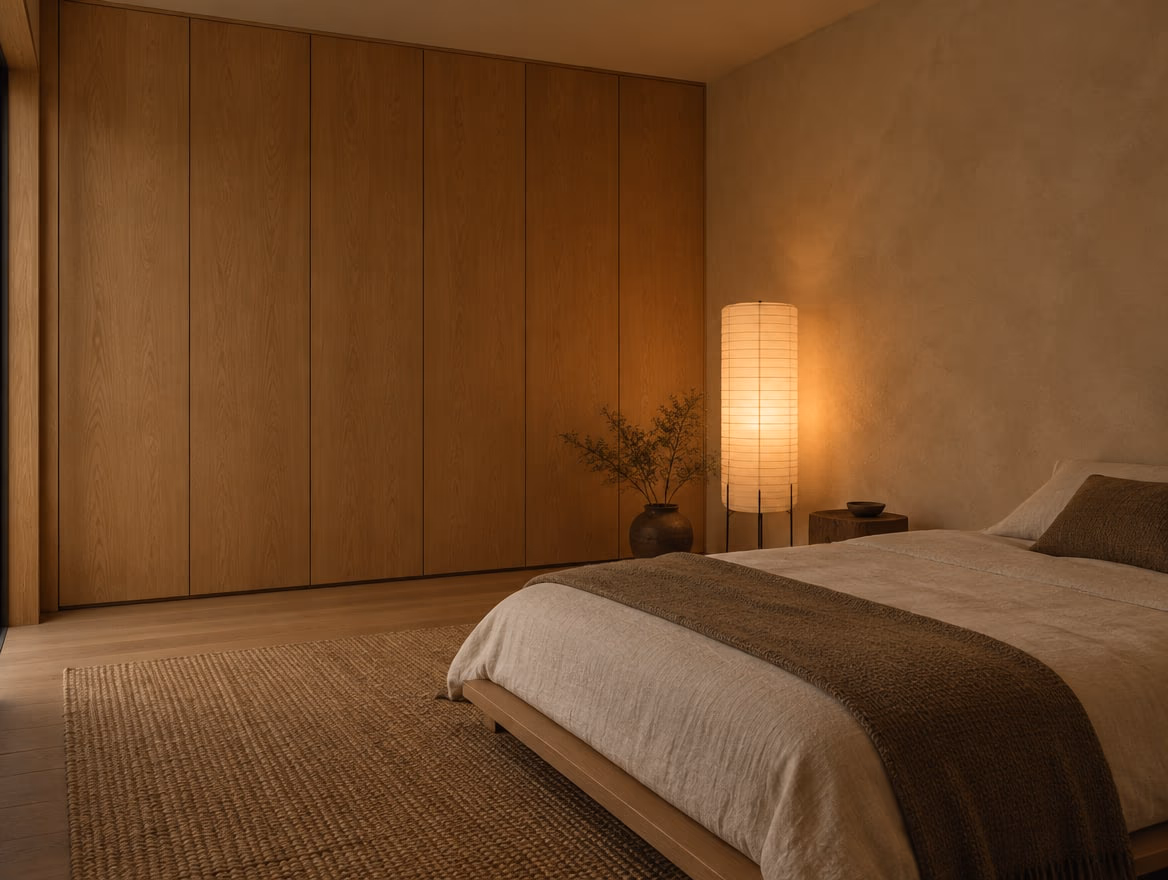 A full wall of handleless oak storage keeps the room clear.