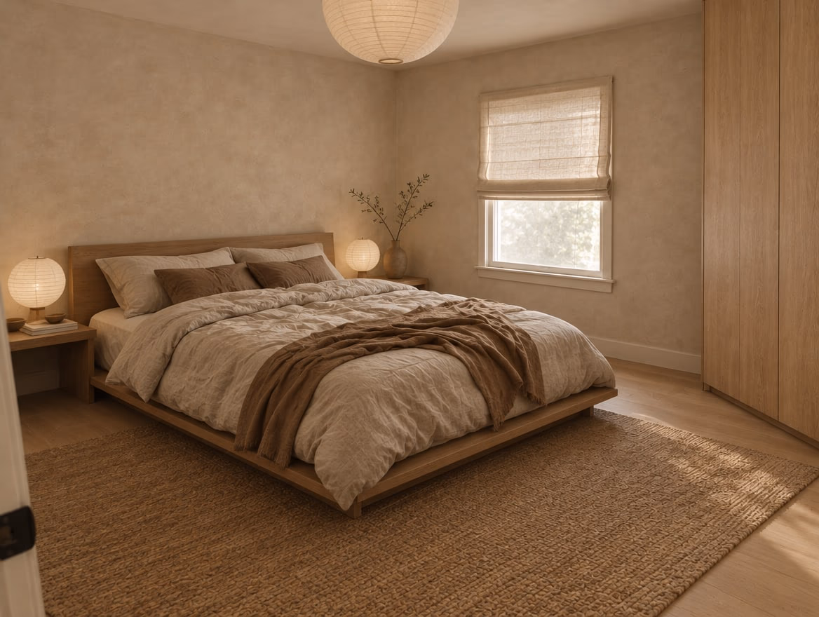 The same bedroom redesigned as a Japandi bedroom with a low oak bed, linen bedding, paper lamps and limewash walls