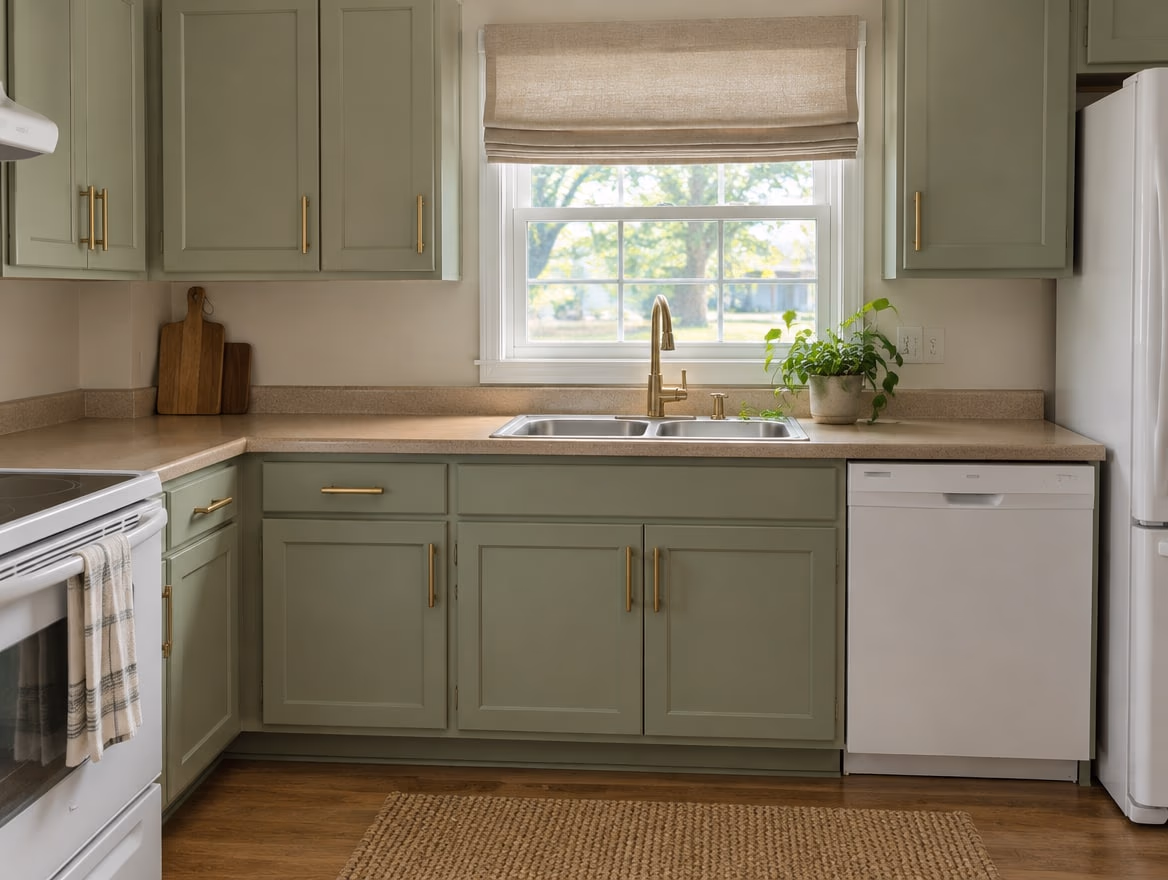 Painted cabinets and new brass pulls, on the same cabinets and counter.