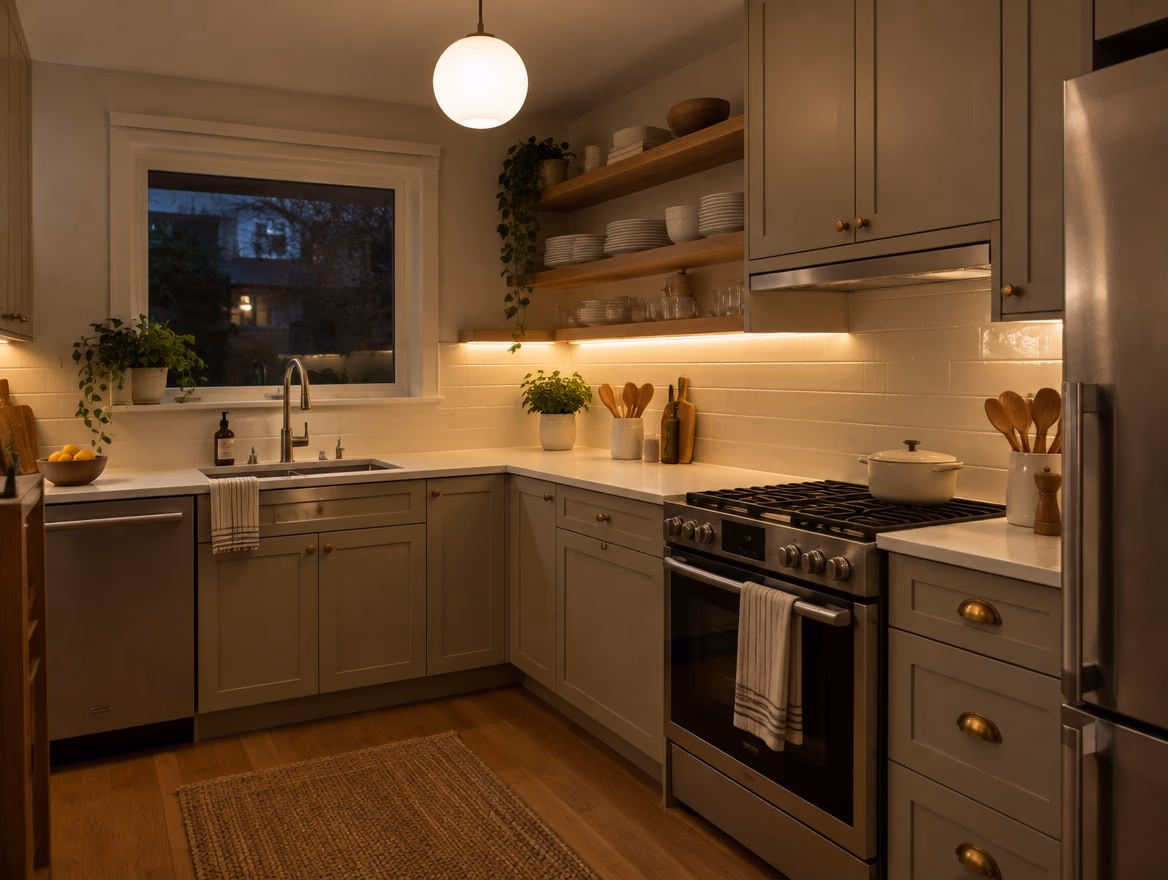 Warm under-cabinet lighting and a simple new pendant.