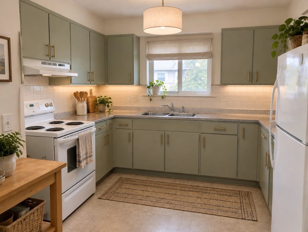 The same kitchen refreshed without renovation: sage green painted cabinets, brass pulls, warm lighting and clear counters