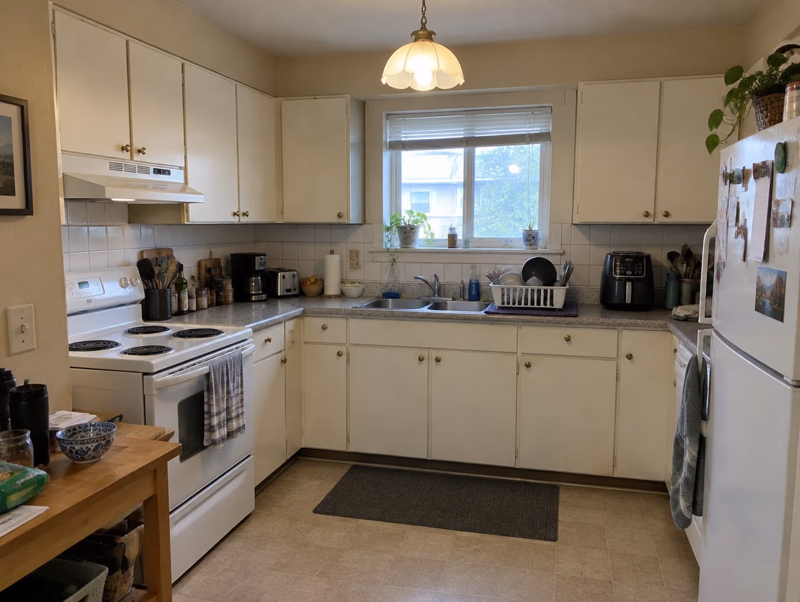 A tired kitchen with yellowed white cabinets, old brass knobs and cluttered counters