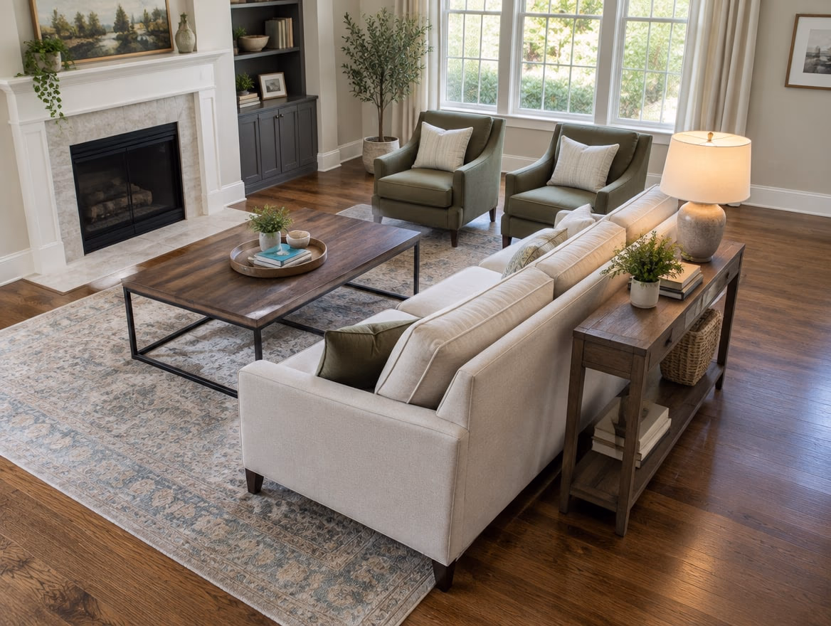 A floated sofa facing two chairs, all on one large rug, with a walkway behind.