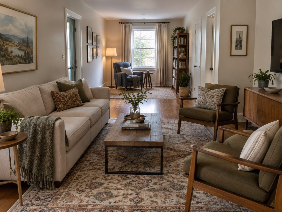 A long room split into a seating area and a reading corner.