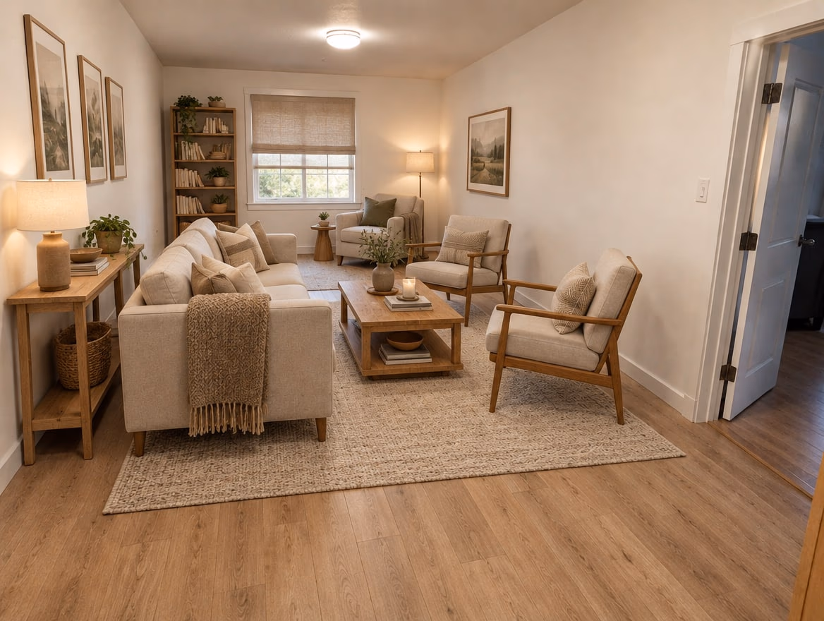 The same room rearranged with a floated sofa facing two chairs on a large rug and a reading corner at the far end