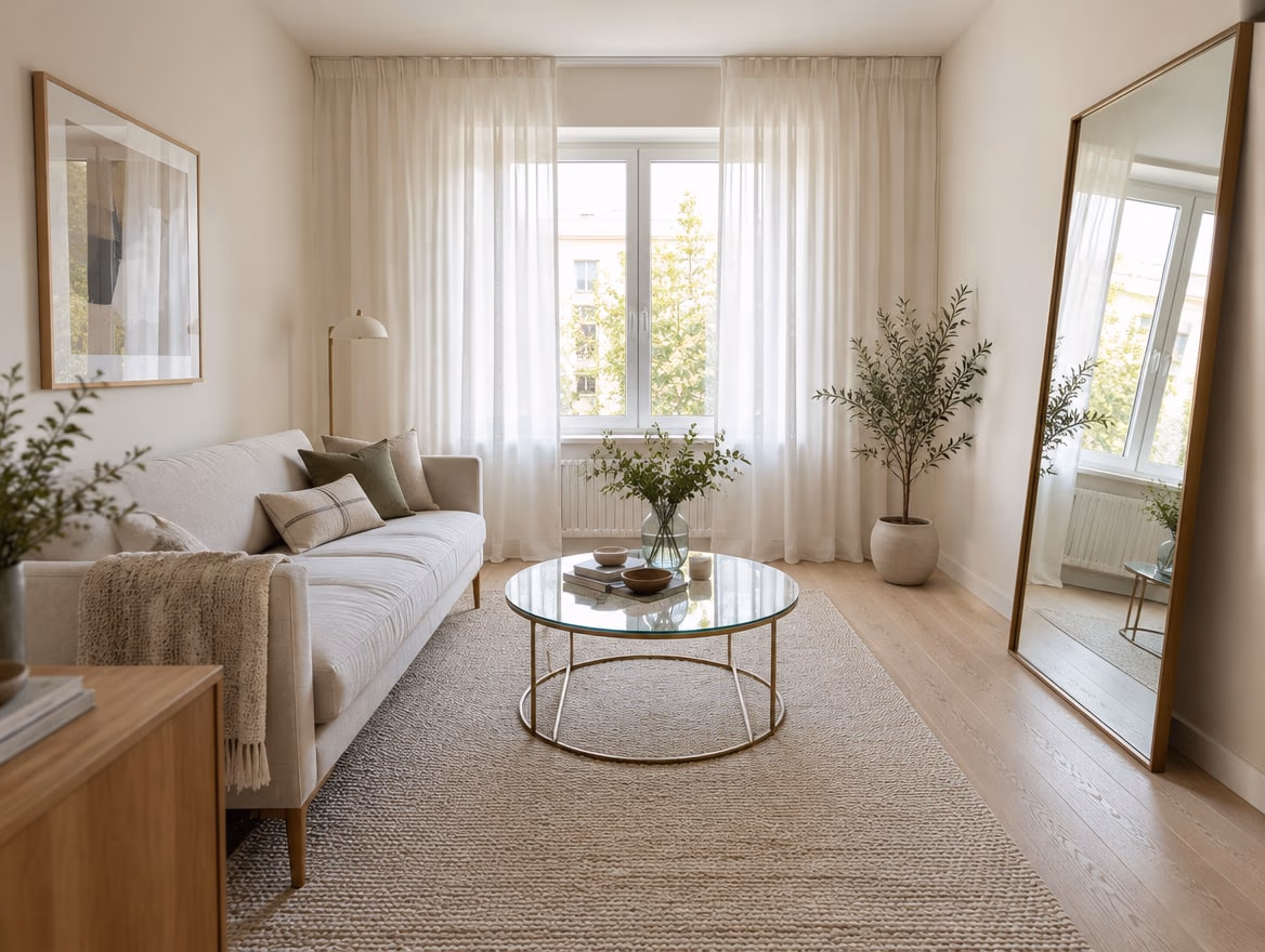 Furniture on legs, a mirror facing the window and curtains hung just under the ceiling.