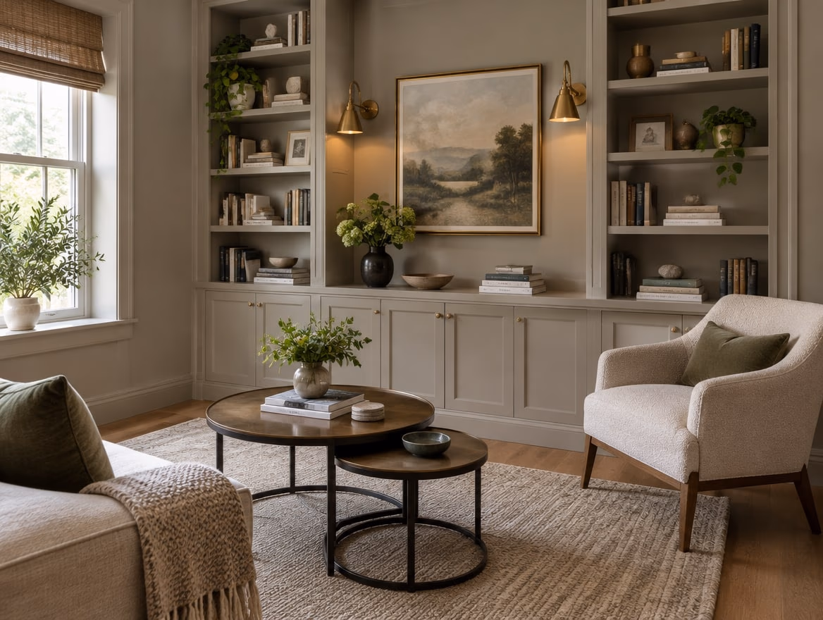 Shelves painted the wall color and wall sconces instead of floor lamps free up floor space.