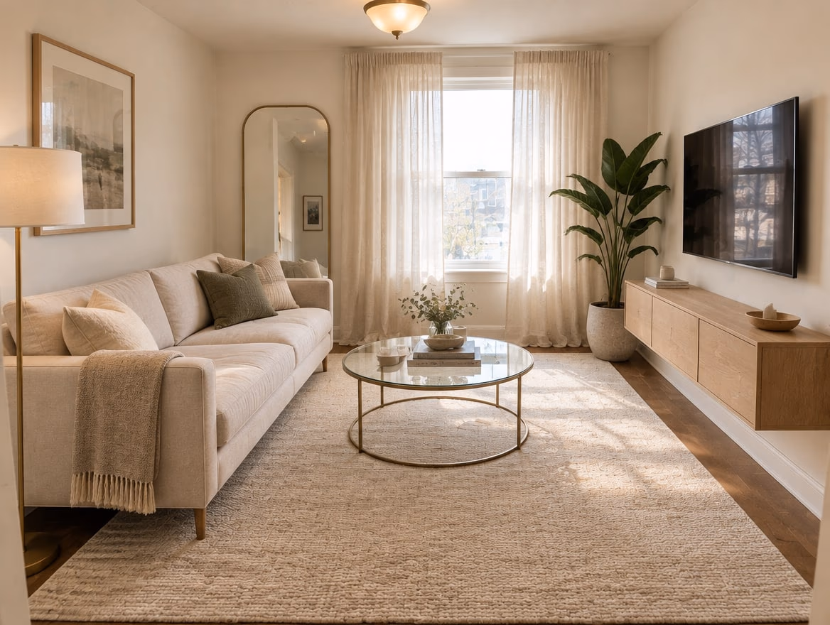 The same small living room redesigned with a light sofa on legs, a large mirror, high curtains and a big pale rug