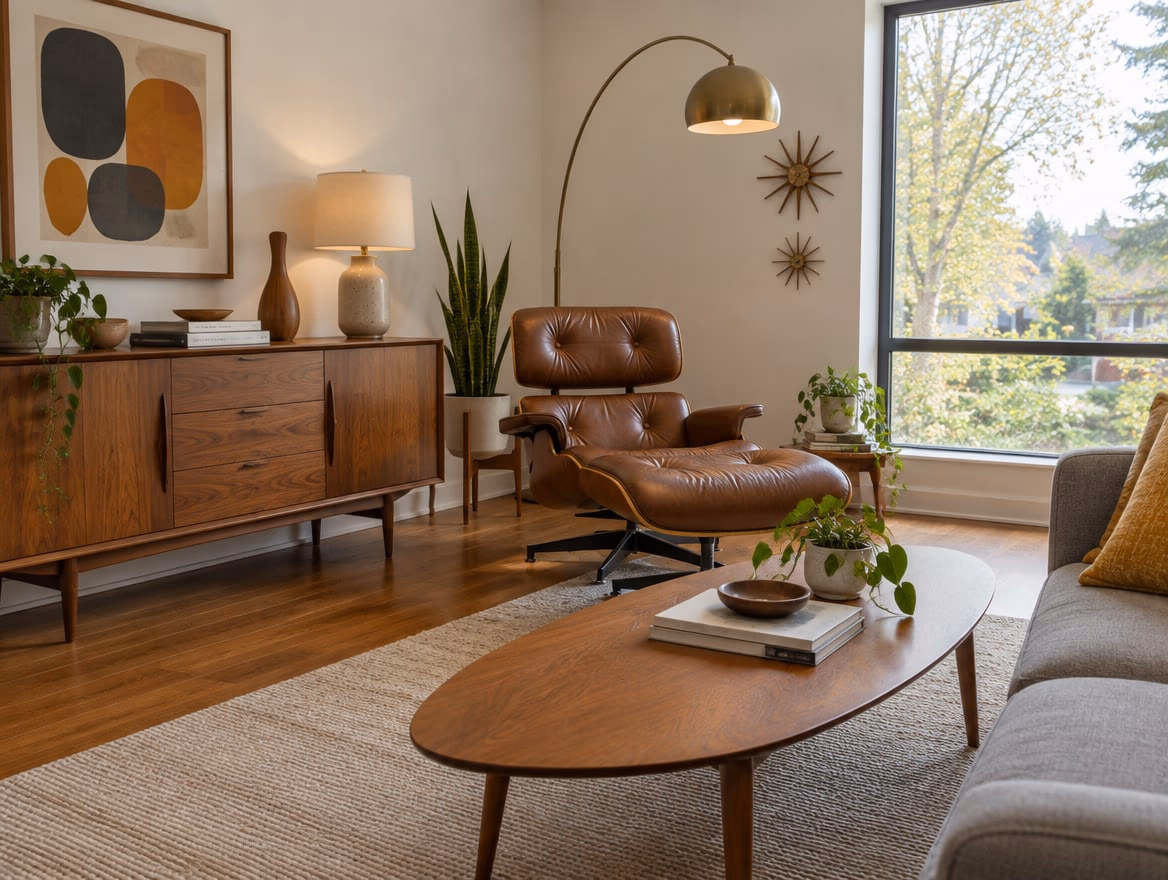 A walnut sideboard, a leather lounge chair and an arc lamp.