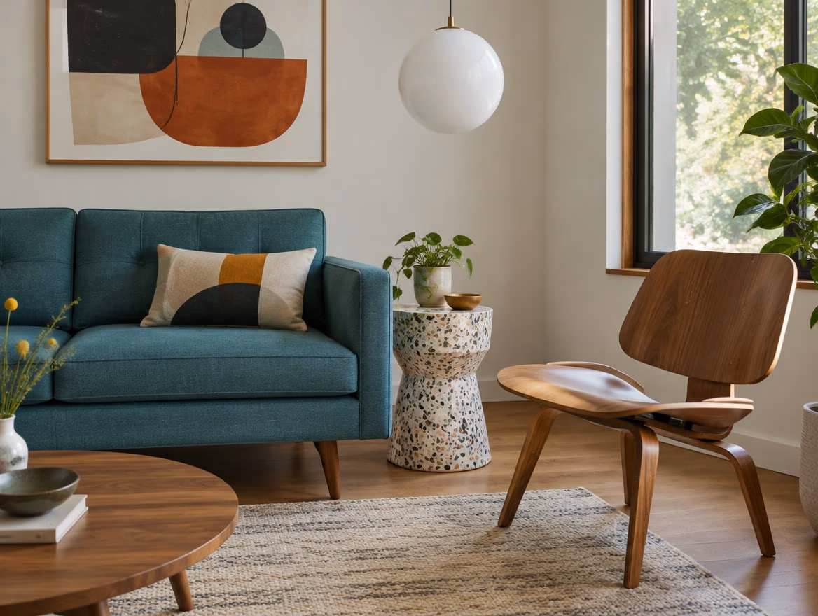 A teal sofa on tapered legs and a molded plywood chair.