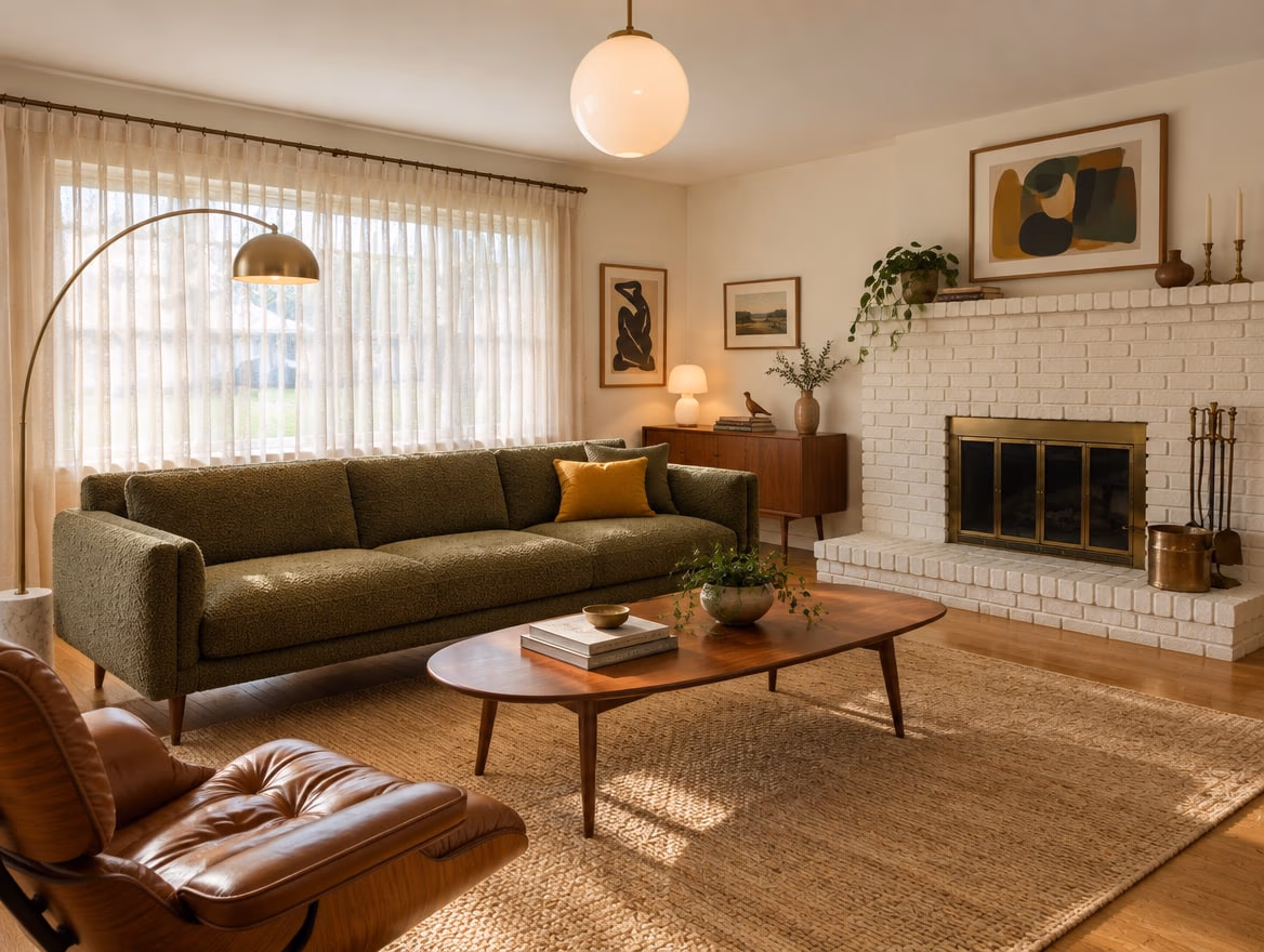 The same living room redesigned in mid-century modern style with a walnut sideboard, an olive sofa on tapered legs and an arc lamp