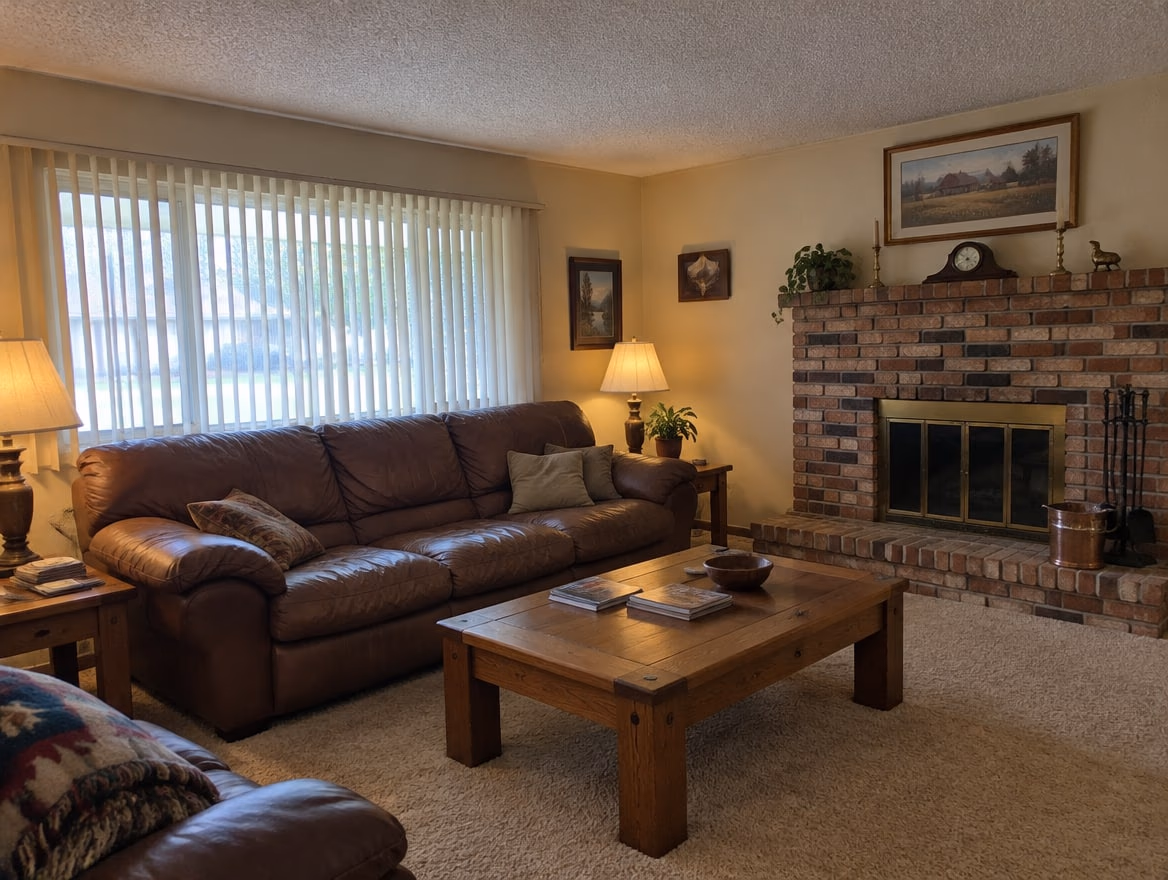 An ordinary 1960s living room with a popcorn ceiling, beige carpet, a brown leather sofa and vertical blinds