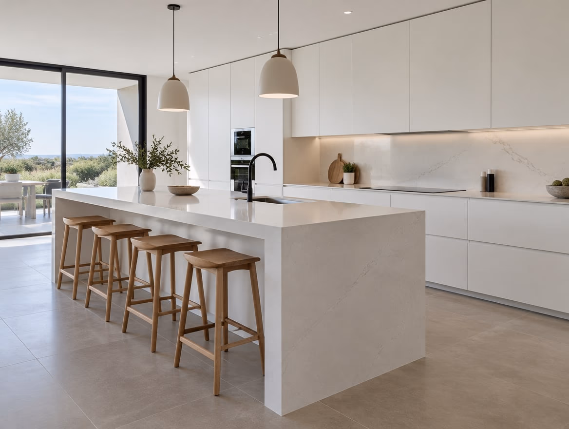 Handleless matte cabinets, a quartz island and oak stools.