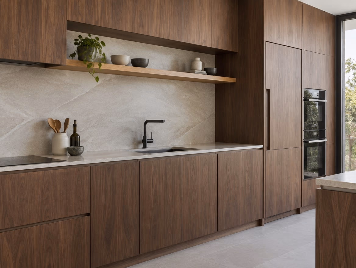 Walnut flat-panel cabinets and a stone backsplash.