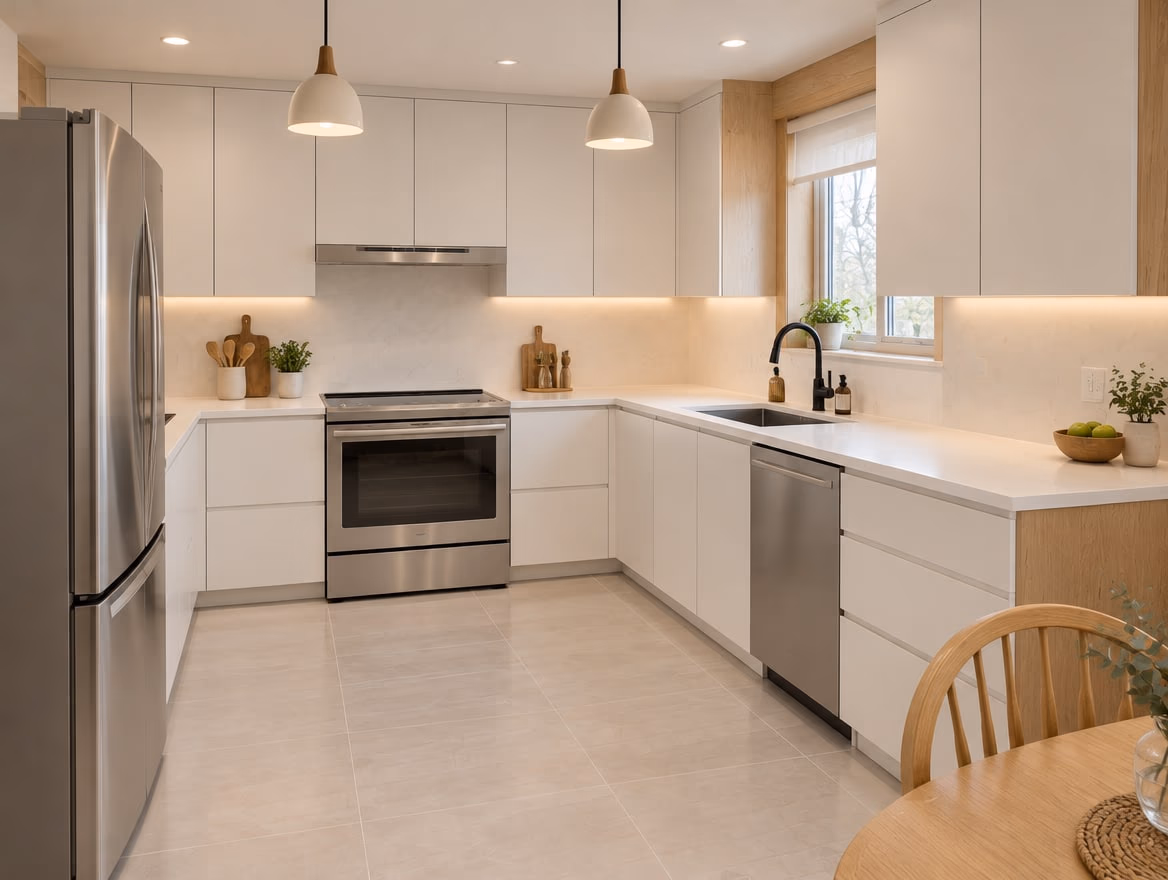 The same kitchen redesigned as a modern kitchen with flat-front white cabinets, quartz counters and pendant lights