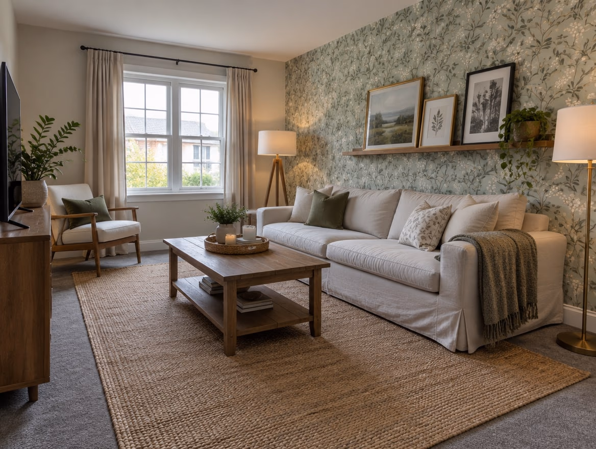 Removable wallpaper, a big rug over the carpet and art leaning on a ledge.