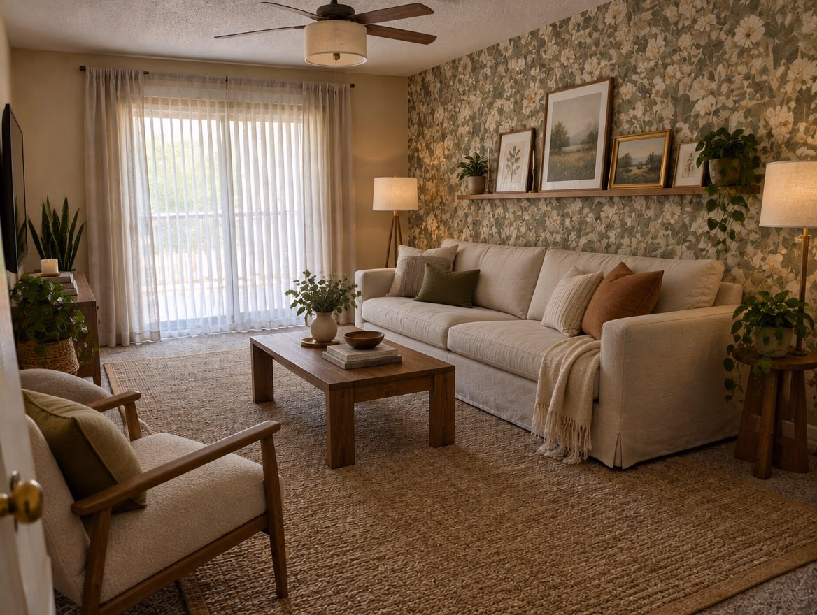 The same rental redesigned with renter-friendly changes: a large rug, curtains, removable wallpaper, lamps and leaning art