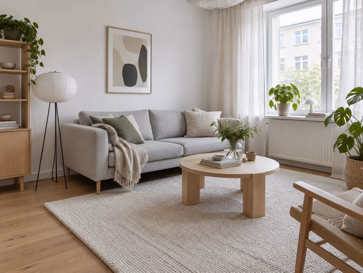White walls, light oak, a gray sofa on legs and a cream wool rug.