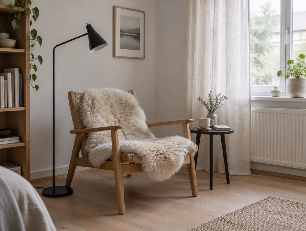 An oak lounge chair with a sheepskin makes a reading corner.