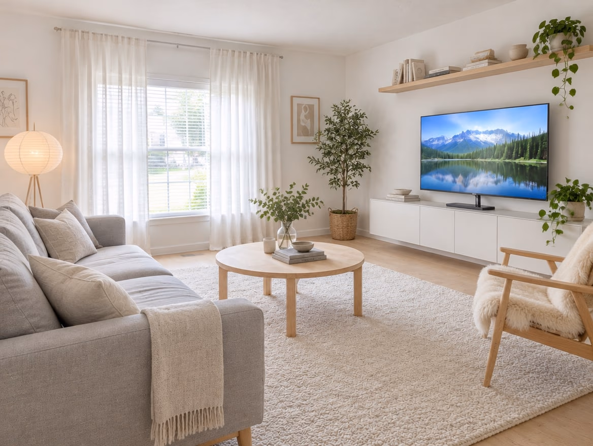The same living room redesigned in Scandinavian style with white walls, light oak, a gray sofa on legs and sheer curtains