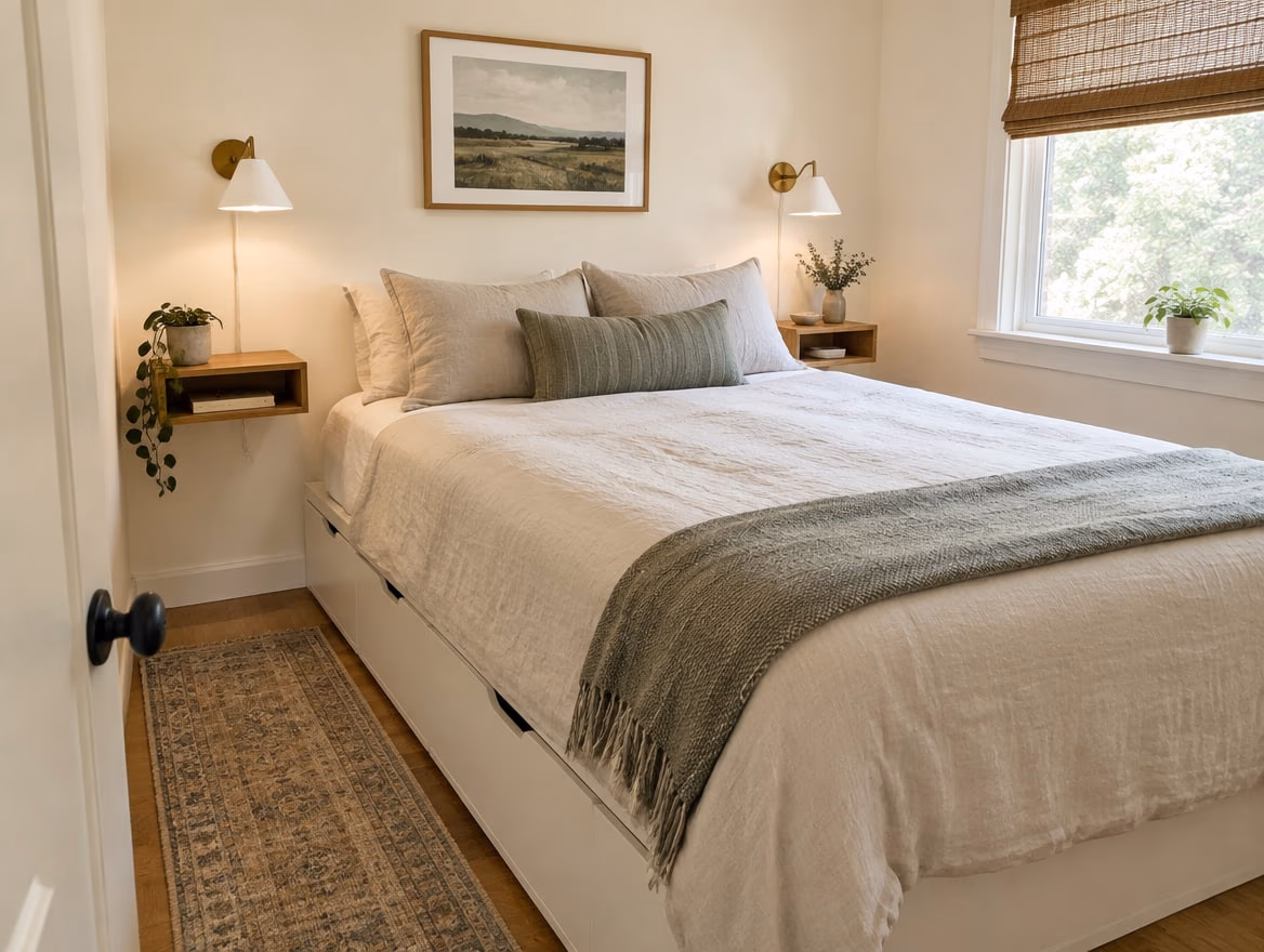 Drawers under the bed, floating shelves and wall sconces.