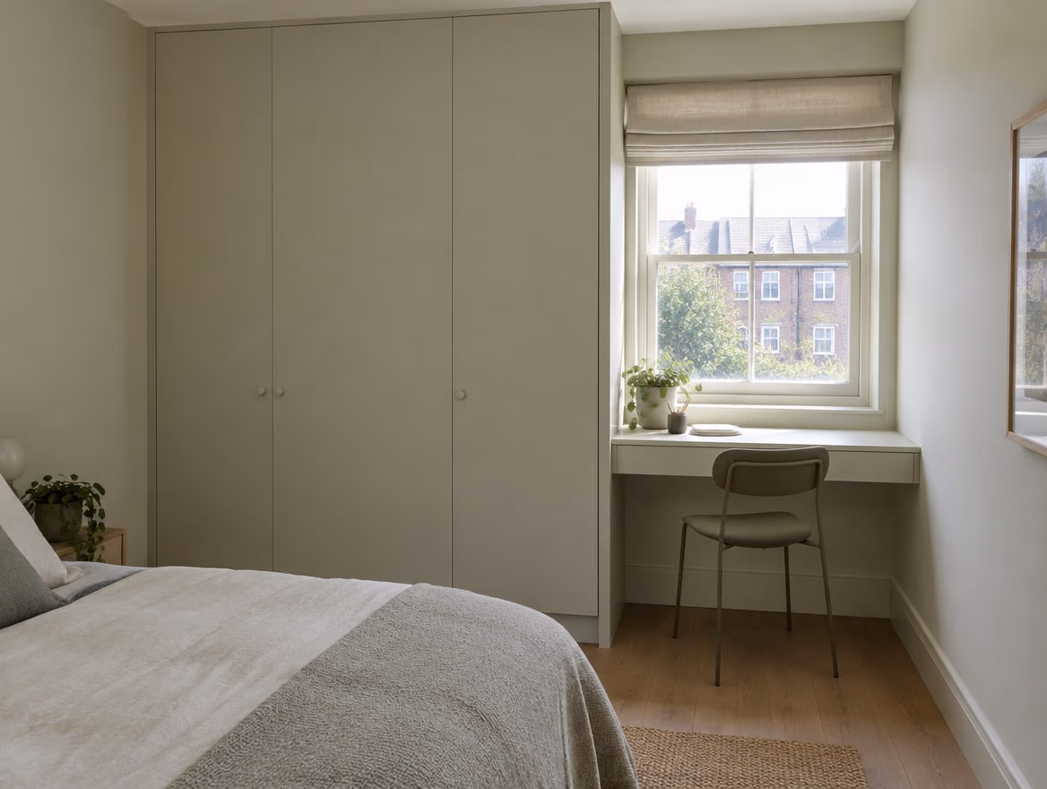 A floor-to-ceiling wardrobe painted the wall color and a desk under the window.