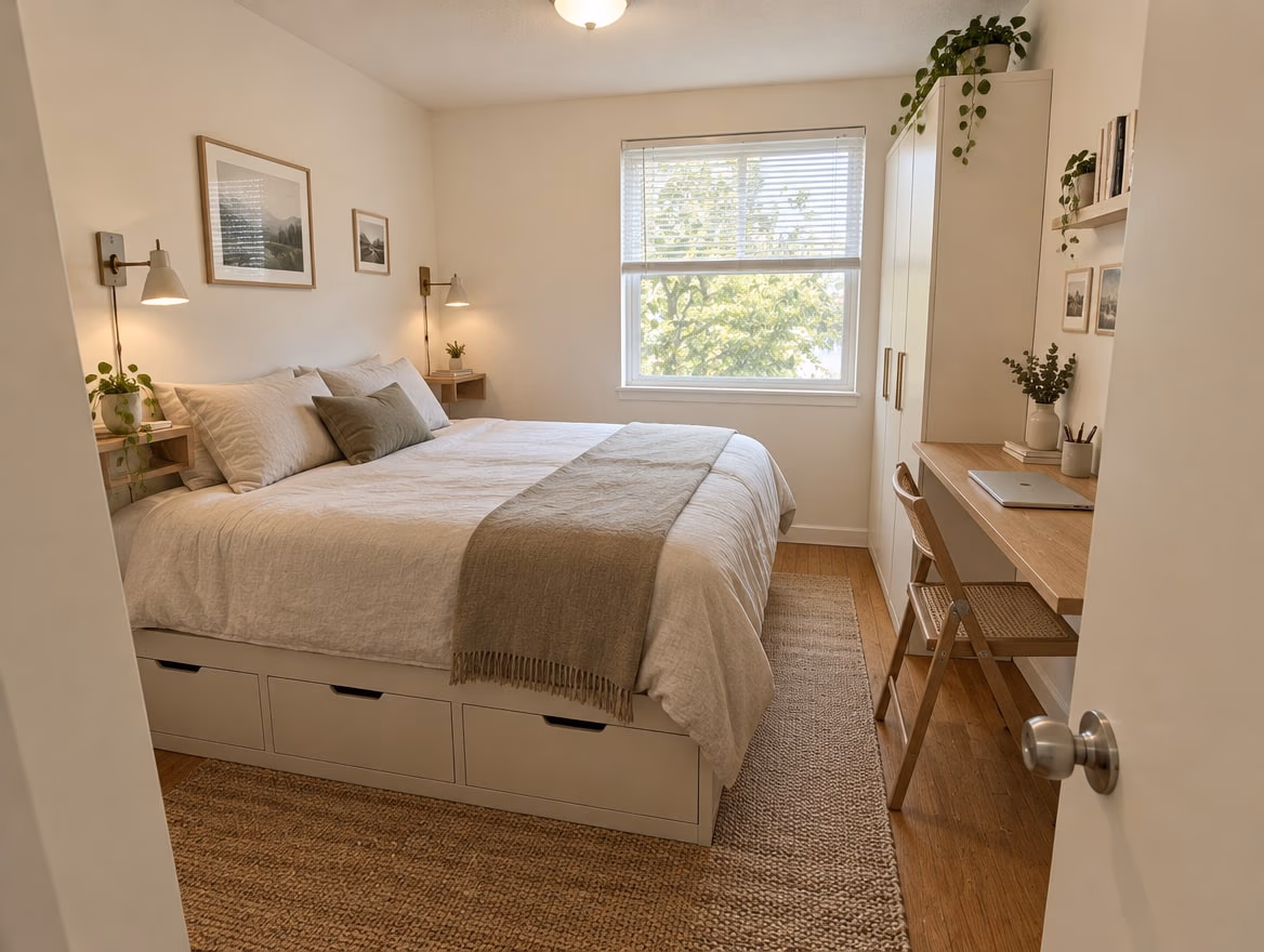 The same small bedroom redesigned with a centered storage bed, floating shelves, wall sconces and a clear window