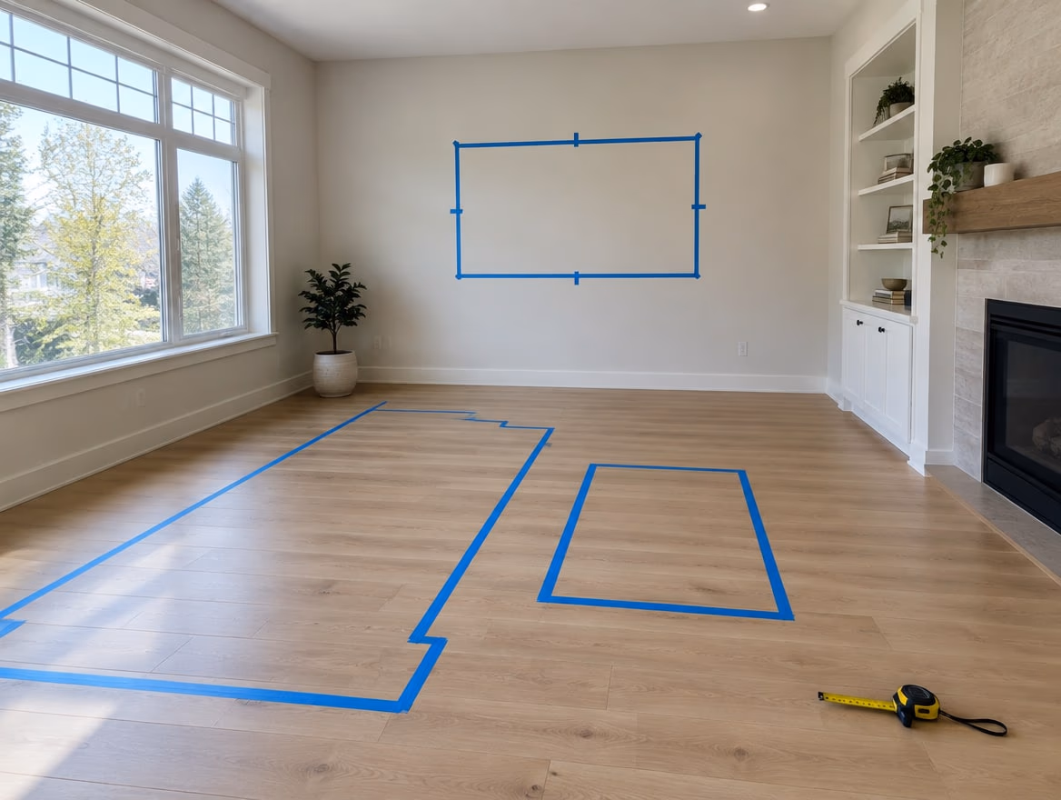 Painter’s tape shows the real footprint of a sofa and coffee table.