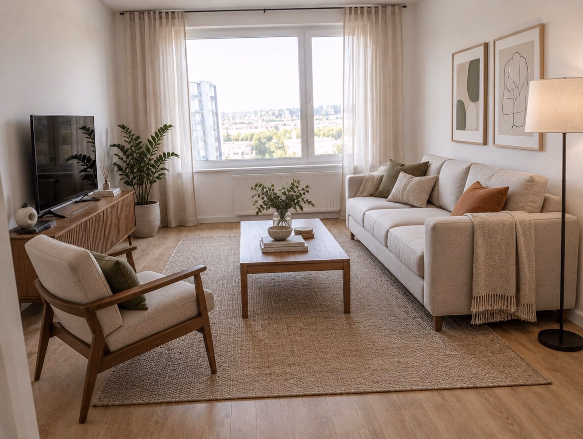 The same living room furnished with a correctly sized sofa, coffee table, large rug, armchair and floor lamp
