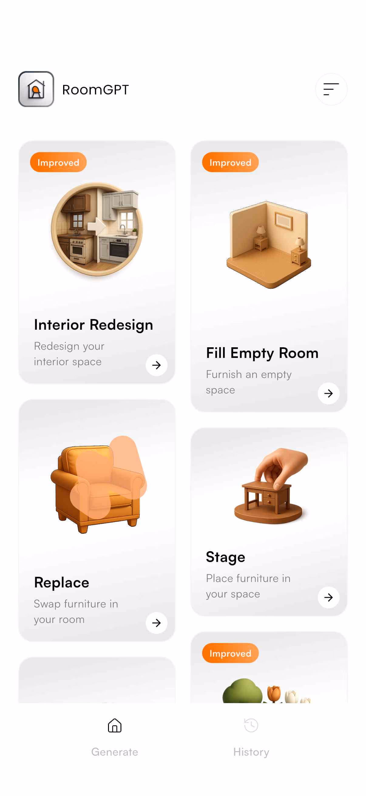 The RoomGPT home screen with its feature cards visible