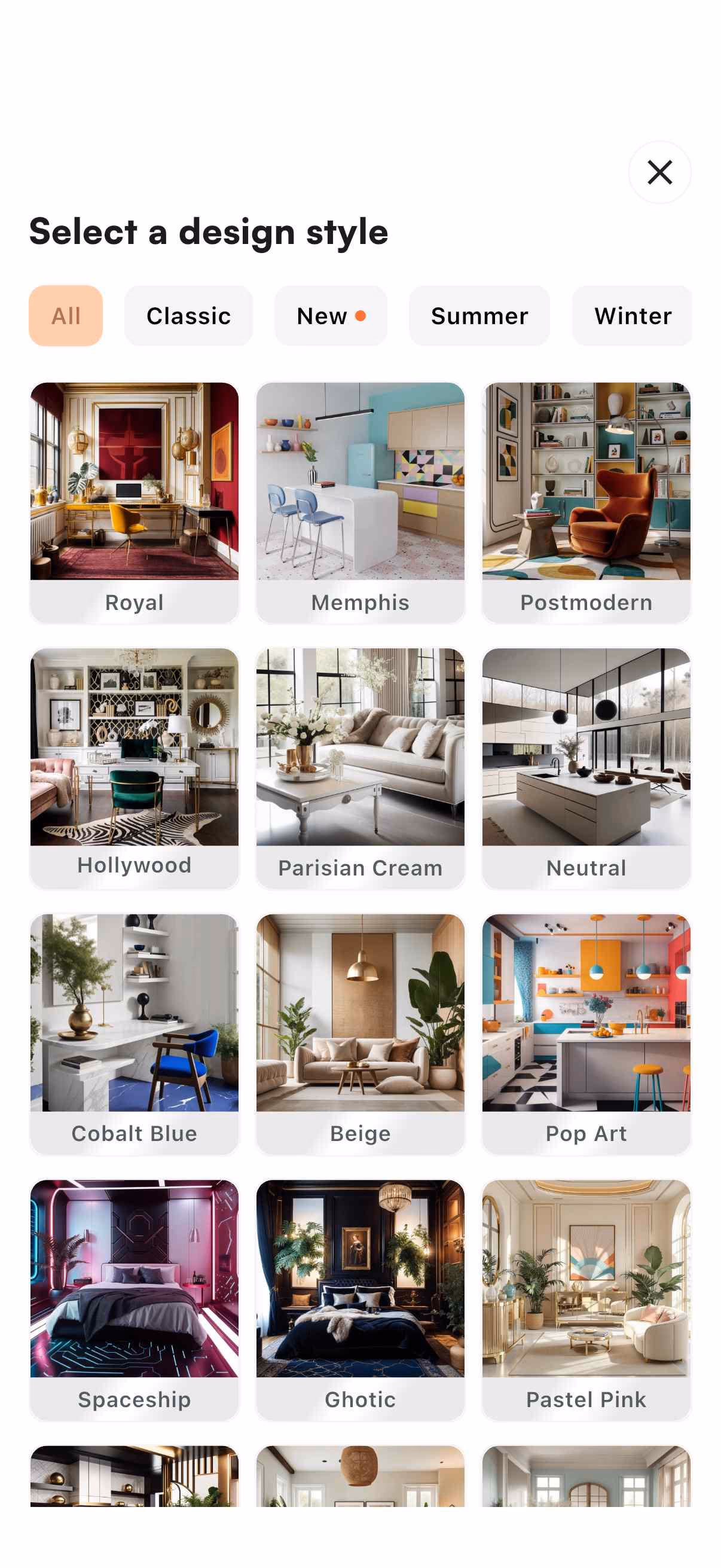 The style picker with thumbnails and category filters visible