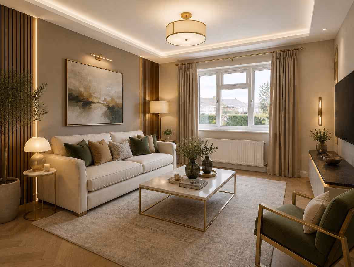 The same living room redesigned by RoomGPT with slatted wood panelling, a cream sofa, green armchair, brass coffee table and warm layered lighting