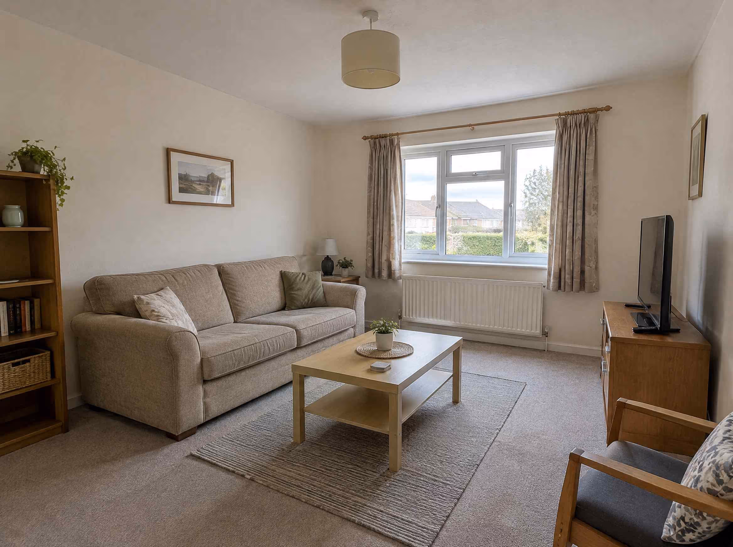 A plain beige living room with a fabric sofa, small coffee table and a window overlooking houses, before any redesign