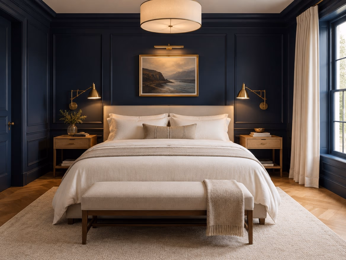 A bedroom rendered by RoomGPT in Navy