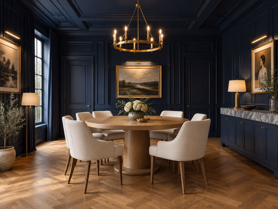 A dining room rendered by RoomGPT in Navy
