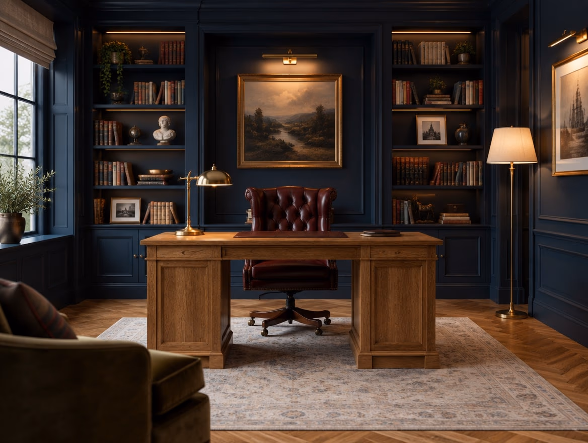 A home office rendered by RoomGPT in Navy