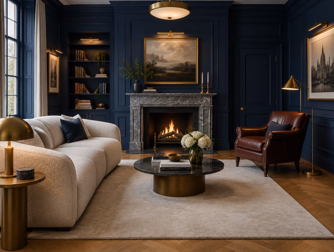 A living room rendered by RoomGPT in Navy
