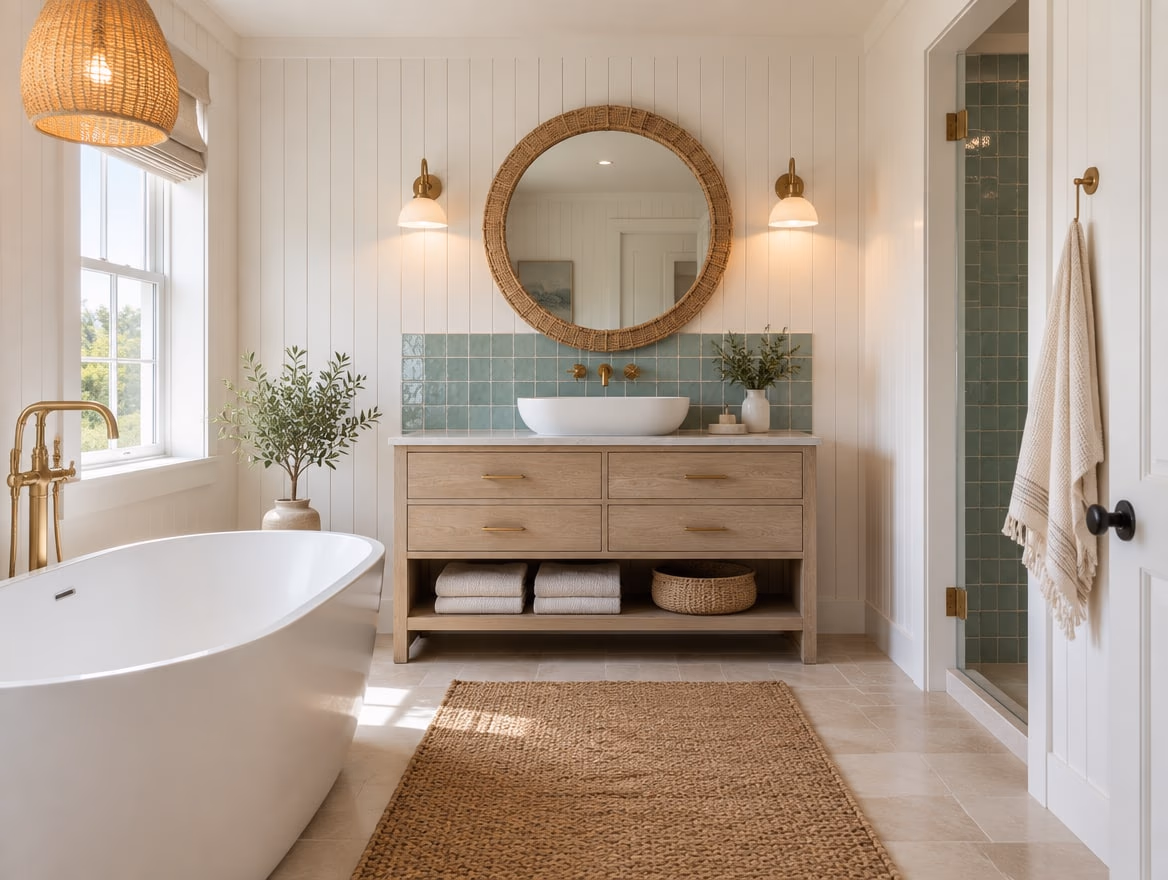 A bathroom rendered by RoomGPT in Coastal